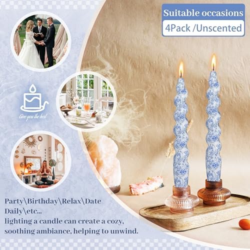 4 Pack Blue Floral Spiral Taper Candles - YUKCAXDLS Chinoiserie Unscented Candle 7.5Inch Flower Short Tapered Candlestick for Family Gatherings Weddings Restaurant Holiday Decorations - Image 6
