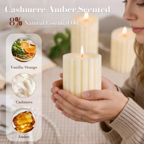 Ribbed Soy Pillar Candles,Set of 3,Cashmere Amber Scented - Image 2