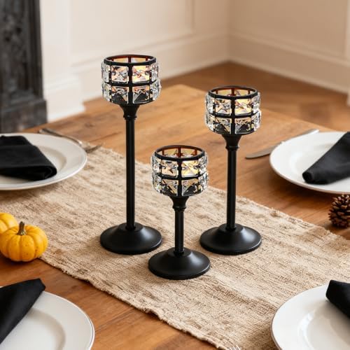 Crystal Metal Candle Holder, Square Crystal Beads Bling Tea Light Candlestick, Tall Votive Candelabra Elegant Centerpiece for Table Wedding Decoration, Home Decor (Black, Set of 3) - Image 7