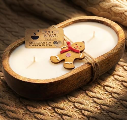Dough Bowl Candle Co. Gingerbread Soy Candle - 3 Wick Rustic Farmhouse Decor Odor Eliminator in Wooden Bowls, 20 Ounce Wooden Dough Bowl Candle, All-Natural Gifts for Women and Men, Coffee Table Decor by Dough+Bowl+Candle+Company