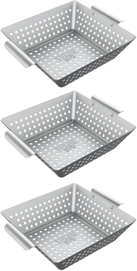 Yukon Glory 3-Piece Square Grill Basket Set | Stainless Steel BBQ Baskets with Protective Pads | Vegetables, Fish & Shrimp | RUST-PROOF | Dishwasher Safe | Gas, Charcoal & Campfire