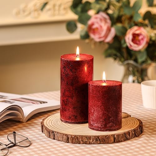 3x4 Inch Burgundy Pillar Candles Set of 3, Unscented Red Pillar Candle - Image 2