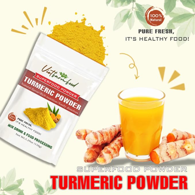 TUMERIC POWDER 5.29 Oz (150g) VIETFARMFOOD: Natural pure, convection dried seasoning made from real vegetables - perfect for adding flavor to any meal, from cooking, baking, salads, soups, sauces