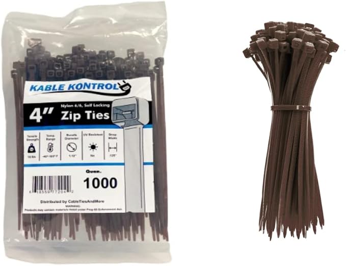 Kable Kontrol Brown Zip Ties 4 Inch 1000 Pcs, 18 Lbs Tensile Strength, Self-locking Nylon Colored Cable Ties Wire Wraps for Indoor or Outdoor Use