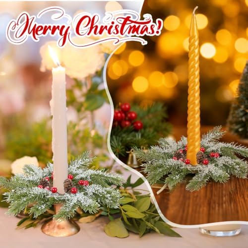 2 PCS Christmas Pine Taper Candle Rings Wreaths 1.38" Mini Snowy Pine Taper Candle Holder Wreaths Candle Rings with Berry Pinecones for Xmas Winter Church Home Table Centerpiece Candlesticks Decor - Image 7
