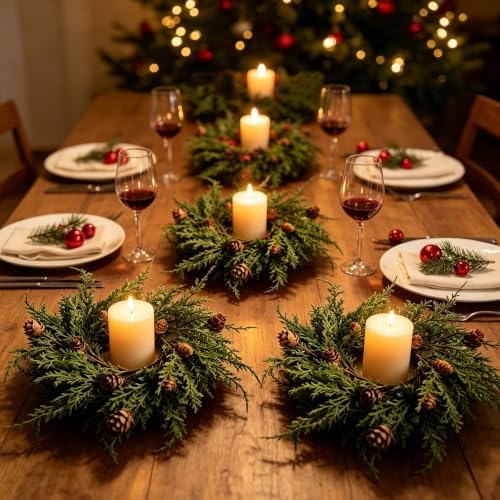 6 PCS Christmas Candle Rings Wreaths Mini Cedar Pine Candle Holder Rings - Image 7