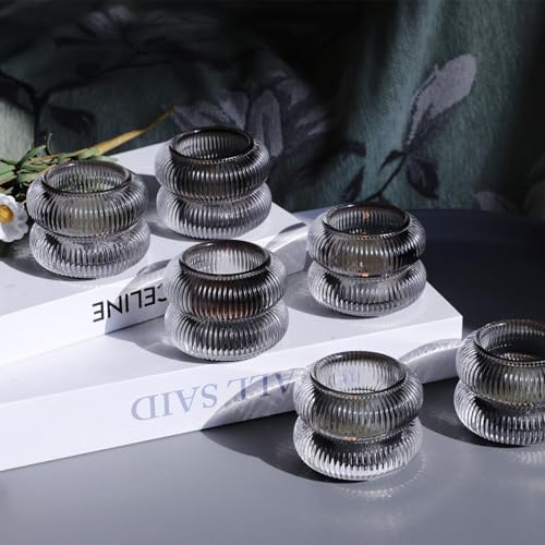 Woho 12 Pack Smoke Grey Ribbed Votive Candle Holders for Halloween Decor - Image 5