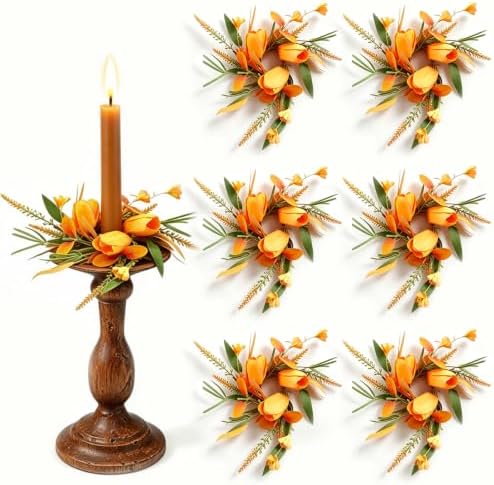 6 Pcs 1.38" Mini Fall Taper Candle Rings Wreaths Small Artificial with Orange Tulips Yellow Flowers Wheat Grass Green Leaves Orange Decorative Leaves Taper Candle Holder Wreath for Candlesticks Decor by Unknown