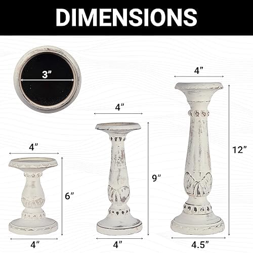 Mela Artisans Pakshi Wood Candle Holders - Distressed White, Set of 3 - Image 2