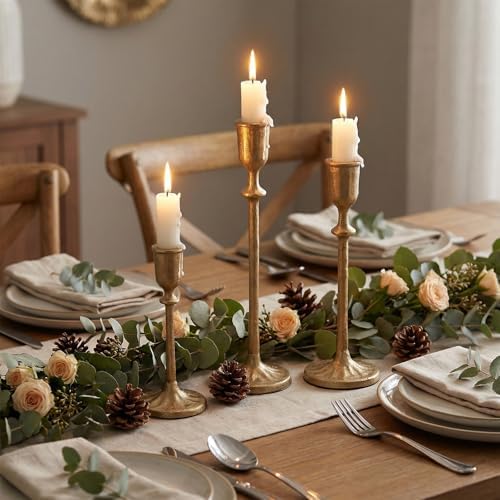 3Pcs Antique Brass Candlestick Holders, Iron Taper Candle Holder for Dining Table, Wedding, Fireplace Mantel Decor, Vintage Tall Candle Stands, Christmas & Home Decoration - Image 6