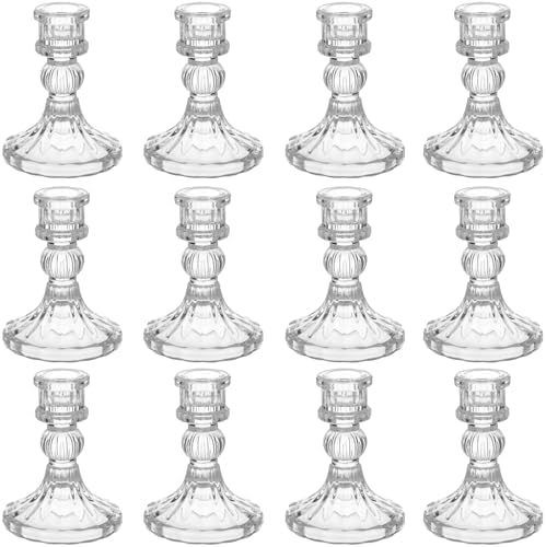 12 PCS Clear Glass Taper Candle Holders, Ribbed Striped Candlestick Holders 4 in, Heavy Base Small Centerpieces for Wedding Table Decor, Party, Holiday, Mantel and Windowsill - Image 6