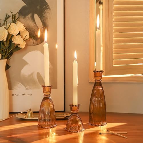Vertical Stripe Candlestick Holders Set of 3, Premium Glass Candle Holders for Candlesticks and Taper Candles, Vintage Candle Holder Decor for Table Centerpiece, Amber - Image 6