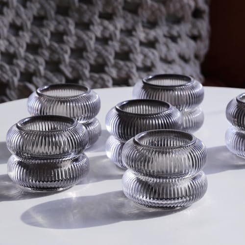 Woho Smoke Grey Votive Candle Holders Ribbed Glass Set of 6 for Home Decor - Image 2