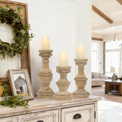 Farmhouse Wooden Candle Holders for Pillar Candles, Set of 3 Vintage Wooden Beaded Candle Holder, Tall Candle Stand Decorative for Living Room, Table Centerpiece (Natural) - Image 6