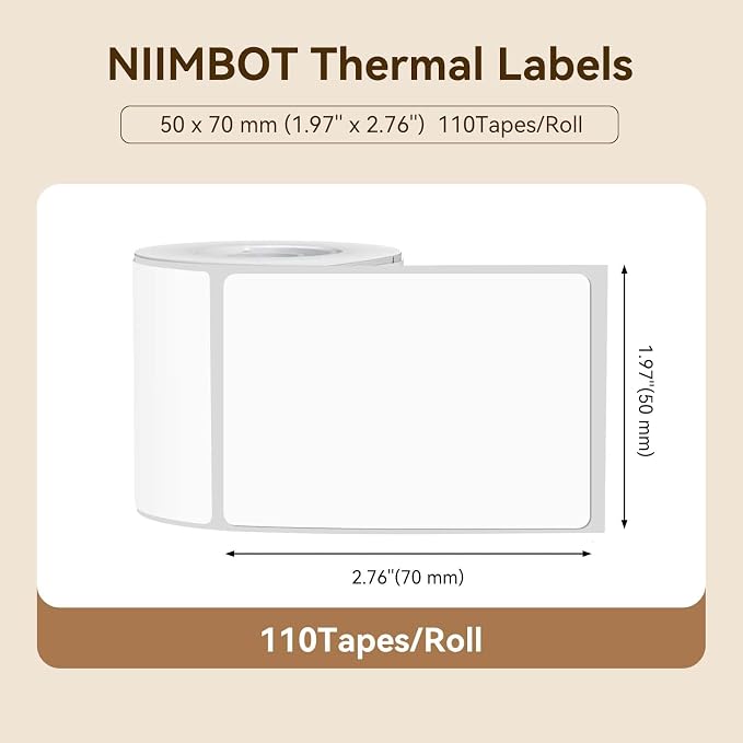 NIIMBOT Labels for B1/B21/B31 Label Maker, 50 x 70 mm (1.97'' x 2.76'') 110 Tapes/Roll, Thermal Label Tape, Waterproof, Oil-Proof for Home Office Small Business Labeling Tape Replacement(White)