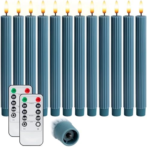 12 Pack, 10" LED Flameless Blue Fluted Ribbed Grooved Taper Candles with 2 Remotes & 24h Timer Memory, On/Off Button, Dimmable, Flicker Mode, Battery Operated, Christmas Menorah Wedding - Image 2