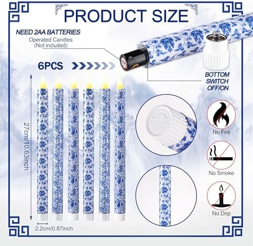 6 Pcs Blue and White Chinoiserie Flameless Candles – 10.6 Inch Porcelain Style Taper Candlesticks, Battery Operated LED Blue Candles for Wedding, Home & Table Centerpiece Decor - Image 2