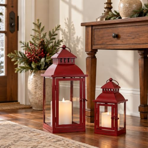 NEEDOMO Christmas Decorations Outdoor & Indoor, Set of 2 Outdoor Lanterns for Porch, Large Candle Lantern, Red Metal Frame with Glass, Vintage Farmhouse, Patio, Pathway, Garden, Christmas - Image 5