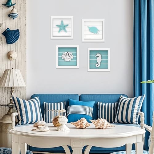 DETENE 4Pcs 3D Nautical Wall Art, Starfish Seashell Framed Bathroom Decor - Image 6