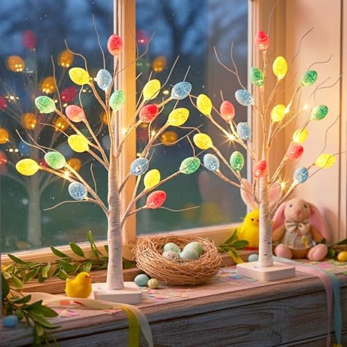 Easter Decorations, 2 Pack Lighted Easter Tree Battery Operated with Timer, 22 Inch LED Birch Tree with 36 Egg Ornaments Indoor Tabletop Centerpiece Light for Home Decor by Vanthylit