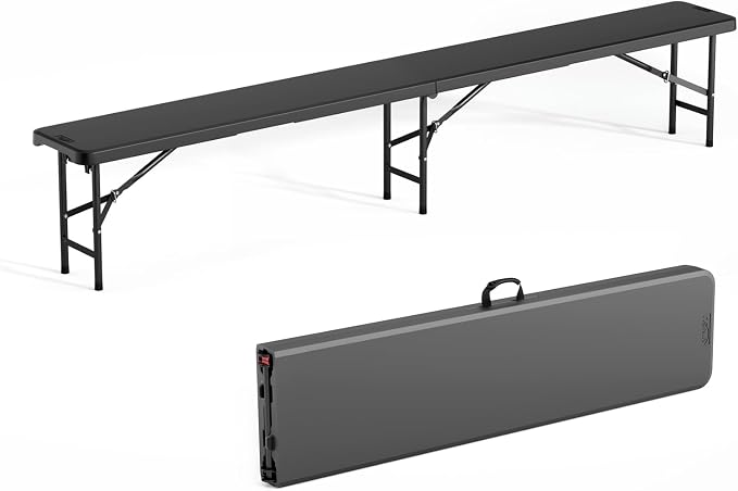 VINGLI 8 feet Plastic Folding Bench,Portable in/Outdoor Picnic Party Camping Dining Seat, Garden Soccer Multipurpose Entertaining Activities, Smooth HDPE Tabletop (1, Black, 8ft)