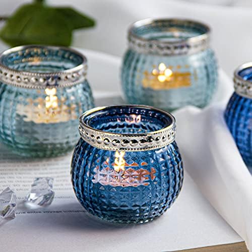 Candle Holder Set of 12, Small Tealight Candle Holder, Vintage Glass Votive Candle Holders for Table Centerpiece Wedding Home Decor Holiday Decor (Blue) by PepUpYourHomeDecor