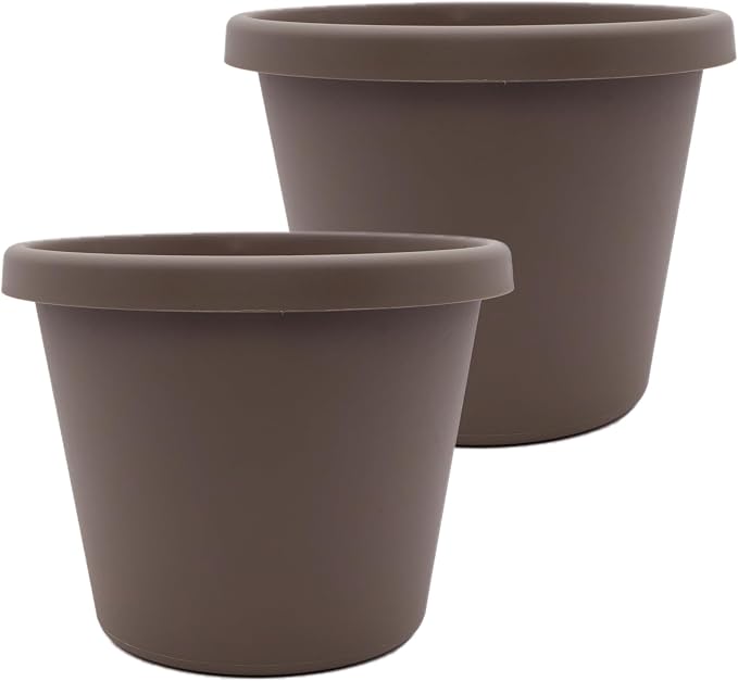 The HC Companies 14 Inch Prima Round Planter Pots with Drainage Holes and Rolled Rim, Lightweight UV-Resistant Plastic Indoor & Outdoor Planters, 2-Pack Flower Pots for Garden & Home Decor, Cappuccino
