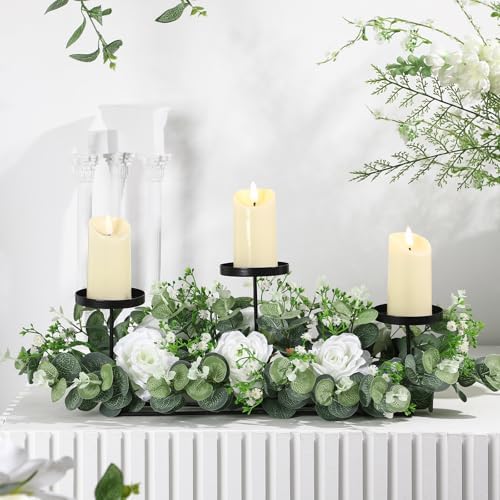 Zonon 21.6'' Wedding Candle Holder Centerpiece 3 Wick Electronic Candle Holder with Eucalyptus Leaves Roses for Wedding Party Decoration - Image 6