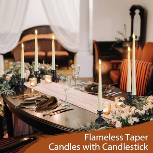 Rossesay 12 Pcs LED Taper Candles Holders, Black Holder & Ivory Candles - Image 4