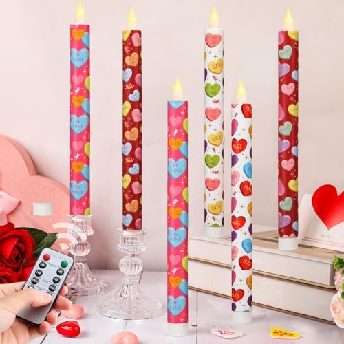 Valentine Taper Candles, 6 Pcs 10.6 Inch Flameless LED Candlesticks with Remote & Timer, Battery Operated Conversation Heart Decor for Valentine‘s Day Dinner Anniversary Wedding Table Decor by Unknown