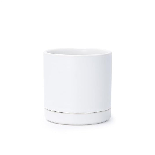 D'vine Dev 3.5 Inch Ceramic Planter Pot with Drainage Hole and Saucer, Indoor Cylinder Round Planter Pot, White, 94-O-A-1