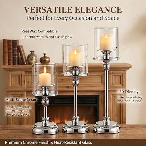 3PCS Sliver Hurricane Candle Holders, Glass Hurricane Candlestick Holders for Pillar Candles, Tall Metal Candle Holders with Removable Glass Shade for Wedding Centerpieces, Dining Table Decor - Image 4