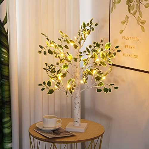 Lighted Birch Trees with Green Leaves for Indoor Decor, 2ft Light Up Tree Lamp with Timer, Fairy Light Spirit Tree for Christmas, Office, Wedding, Home Decorations, USB/Battery Powered - Image 3