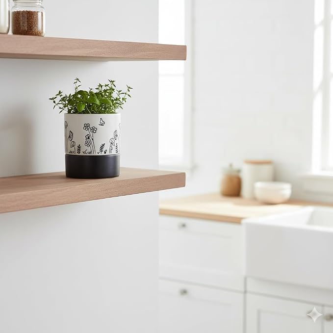 Nihow Self Watering Pots for Indoor Plants,4.5 Inch,White,Hand Painting | Ceramic Planter, Drainage Hole & Water Storage Plus, Cylinder Round Flower Pot, For Succulent/Herbs/Violets
