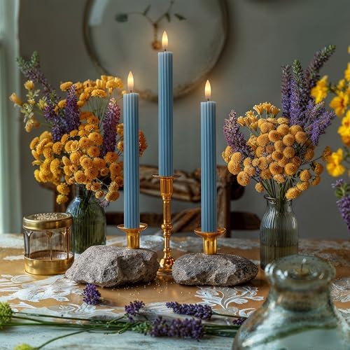 12 Pack, 10" LED Flameless Blue Fluted Ribbed Grooved Taper Candles with 2 Remotes & 24h Timer Memory, On/Off Button, Dimmable, Flicker Mode, Battery Operated, Christmas Menorah Wedding - Image 6