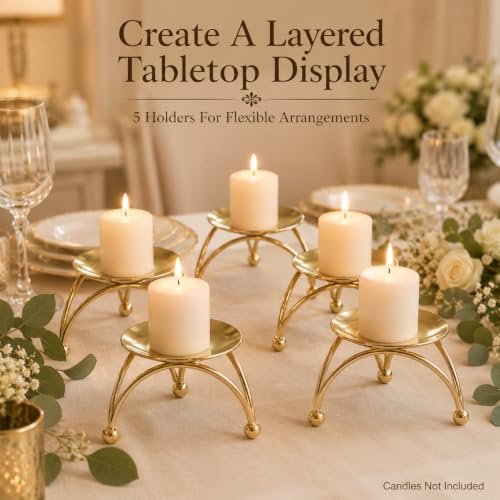 Cabilock 5Pcs Gold Candle Holders, 3In Metal Retro Candlestick Holders Set, Nordic Geometric Taper Pillar Candle Stand for Tabletop Centerpiece Decor, Wedding, Party, Mantle & Holiday Events - Image 3