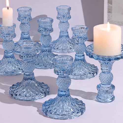 DARJEN 12Pcs 4" H Aqua Blue Candlestick Holders Set- Taper Candle Holders Bulk, Glass Candle Holders for Wedding, Party, Romantic Dinner Table Centerpieces, Festival Gifts & Windowsill Decor by DARJEN