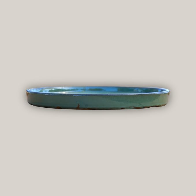 17.5 Inch Plant Saucer (Ceramic) - Round Green Cream Flower Pot Tray - Handcrafted, Durable Planter Base