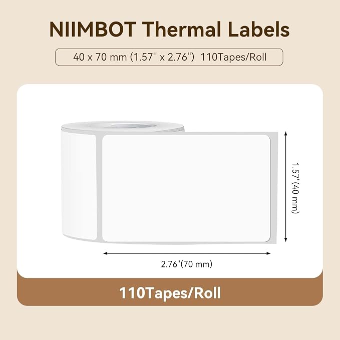 NIIMBOT Labels for B1/B21/B31 Label Maker, 40 x 70 mm (1.57'' x 2.76'') 110 Tapes/Roll, Thermal Label Tape, Waterproof, Oil-Proof for Home Office Small Business Labeling Tape Replacement(White)