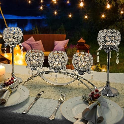 Set of 3 Silver Crystal Tea Light Candlestick Holders Flower Shape with Crystal Pendant Bowl Votive Metal Candle Holder for Table Centerpieces Wedding Home Decor - Image 6
