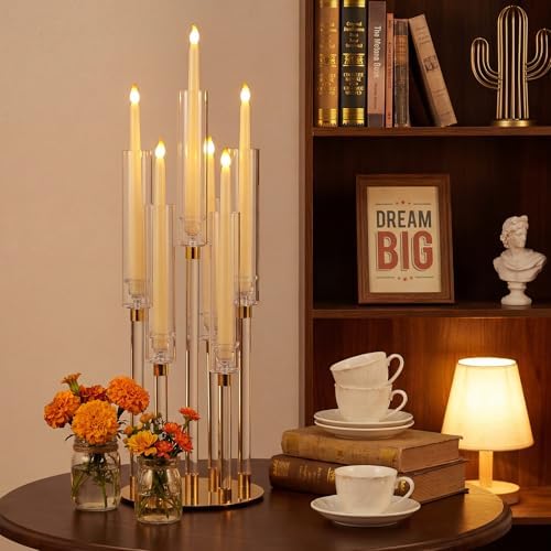 Barydat 4 Pcs Acrylic Candelabra Centerpieces Candle Holder Crystal 5 Arm Candlesticks Holder with Acrylic Shade Pillar Taper Candlestick for Wedding Dinner Party Fit 0.87" LED Candle(Gold,2 Pcs) - Image 4