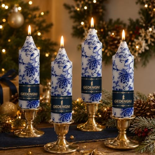Blue White Floral Taper Candles 5 Inch, 4 Pack Chinoiserie Decor by Gedengni