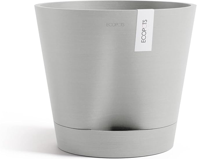Ecopots Venice 2 Durable Modern Round Indoor/Outdoor Recycled-Based Composite Flower Pot Planter w/Water Reservoir, White Grey, 12"