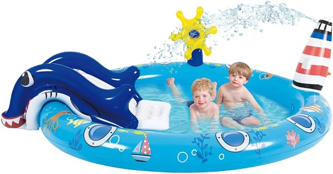 Inflatable Kiddie Pool with Slide and Sprinkler,Kids Pool for Outdoor Play | Marine Life Toddler Pool,Water Game Play Center,80" x 60" x 25"
