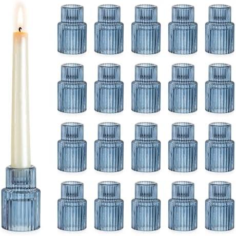 Hewory Glass Candlestick Holders Bulk, 20 PCS Blue Taper Candle Holders by Hewory