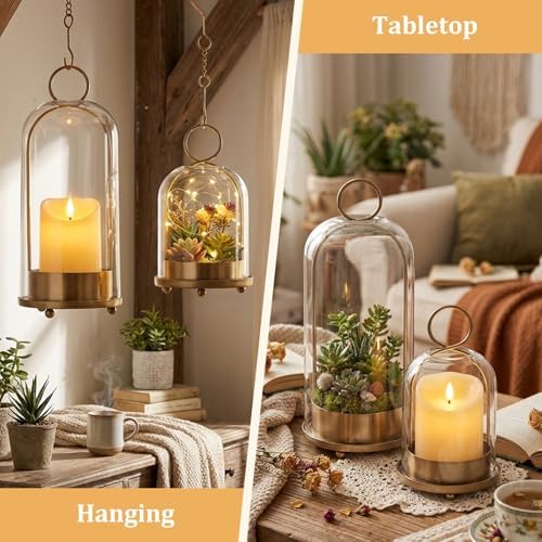 Brass Hurricane Handmade Sturdy Glass Dome Candle Holders with Glass Cover, Set of 2 Flameless Battery Operated LED Pillar Candles and Remote, Elegant Cloche Lantern for Modern Table Centerpiece - Image 4