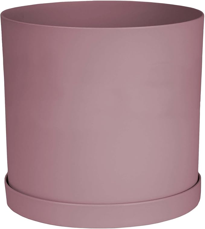 Bloem Mathers 12" Plastic Planter - Modern Indoor Pot with Drainage Holes and Saucer Tray, Dusty Rose