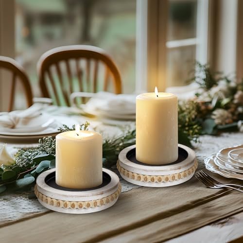 Candle Pedestal for Pillar Candle Set of 2, Rustic Round Beaded Risers Wood Tray, Farmhouse Wood Beaded Trayfor Tiered Tray, Candle, Mug Display Decorative, Table Centerpiece, Antique White - Image 6