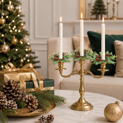 12 PCS Christmas Pine Taper Candle Rings Wreaths 1.38" Mini Norfolk Cedar Taper Candle Holder Wreaths Candle Rings with Berry for Xmas Winter Holiday Church Home Table Centerpiece Candlesticks Decor - Image 4