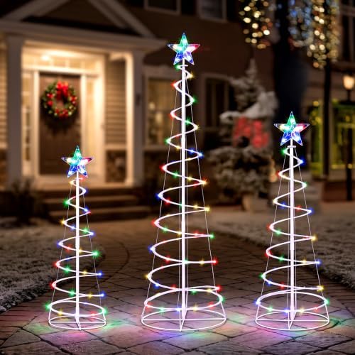 JOIEDOMI 3 Pack Spiral Christmas Tree Lights, 218 LED Outdoor Lighted Tree with Star Topper & Stakes, Christmas Decorations for Yard Porch Patio Garden Holiday Xmas Eve Night Décor, Multicolor by Joiedomi